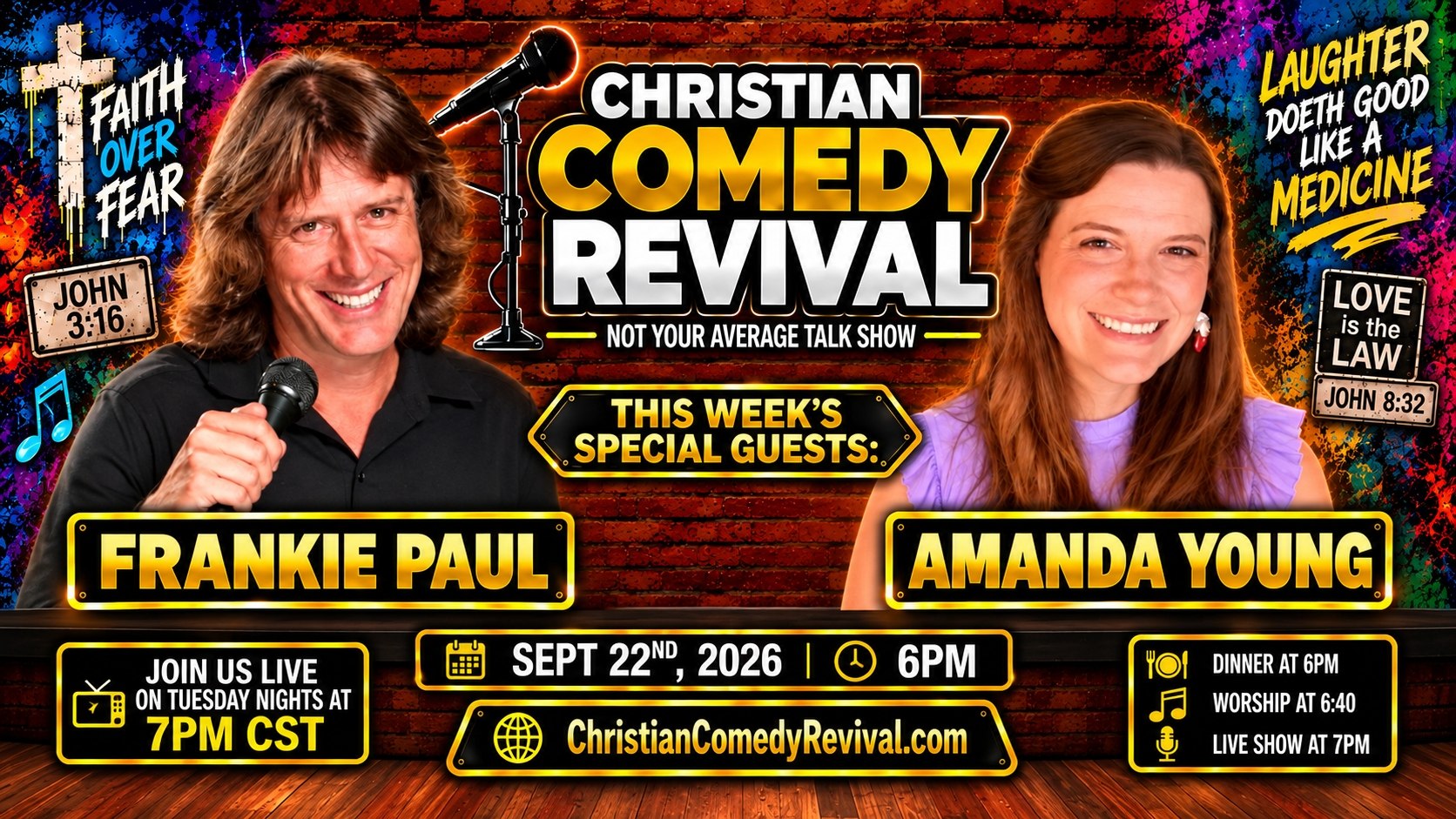 This week's Christian Comedy Revival guests Frankie Paul and Amanda Young